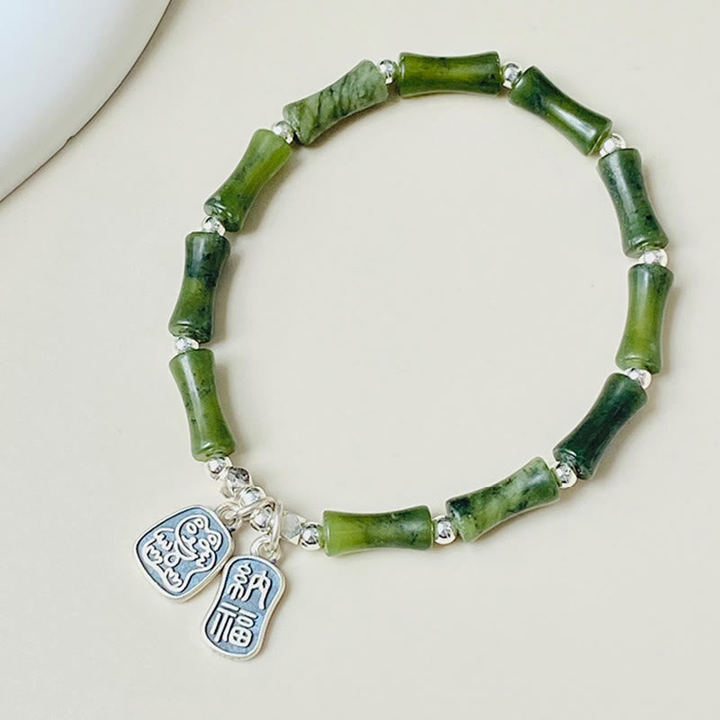 925 Sterling Silver Bamboo Jade Lucky Cat Fu Character Luck Abundance Bracelet