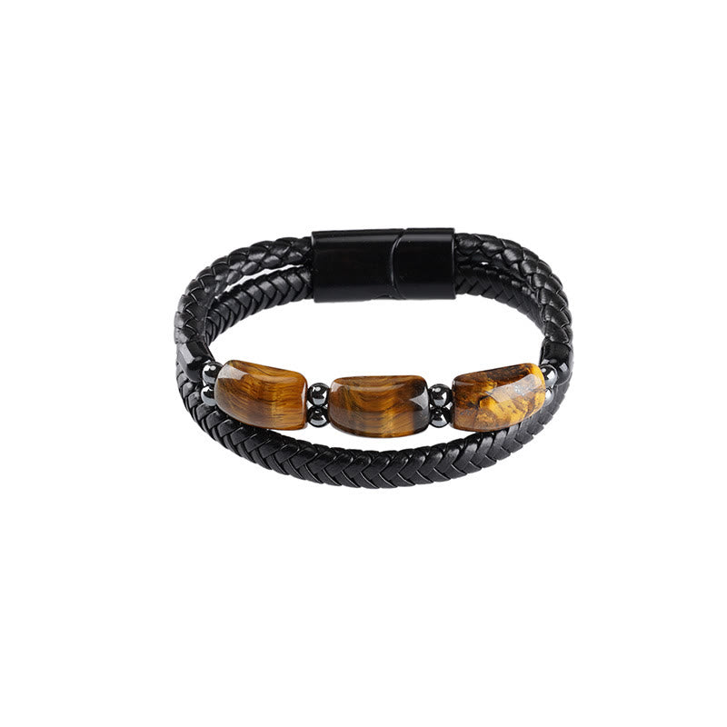 Natural Tiger Eye and Hematite Leather Bracelet with Magnetic Buckle