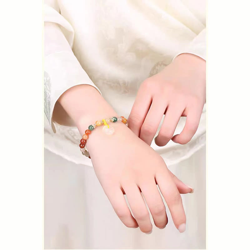 14K Gold Plated Golden Silk Jade and Green Strawberry Quartz Ping An Kou Bracelet