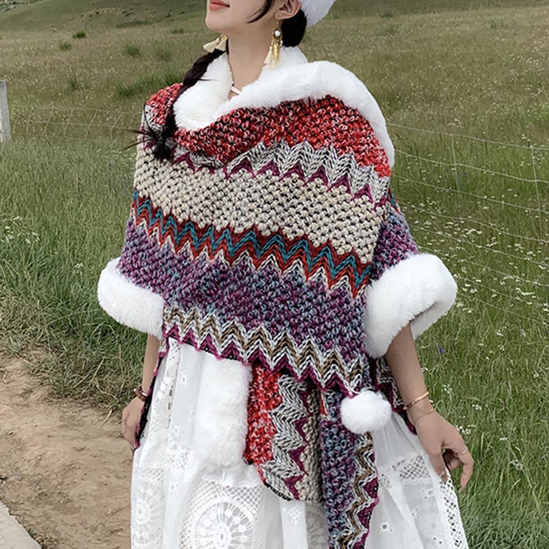 Tibetan Multicolored Wavy Lines Knitted Striped Shawl Coat Winter Cozy Travel Scarf Wrap