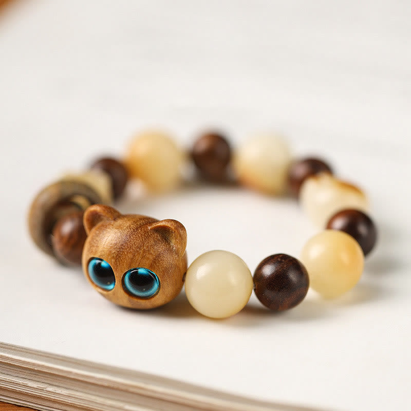 Natural Bodhi Seed Sandalwood Lucky Cute Cat Head Paw Claw Peace Bracelet
