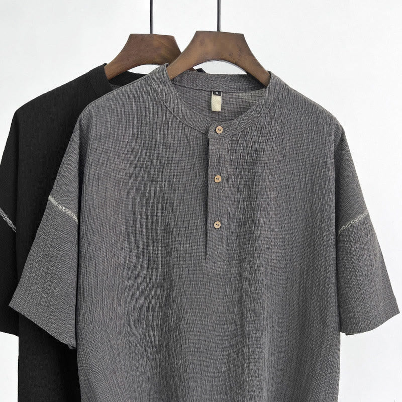 Summer Solid Color Men Short Sleeve Button Shirt