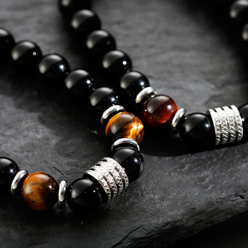 10mm Black Obsidian and Tiger Eye Beaded Bracelet with Titanium Steel