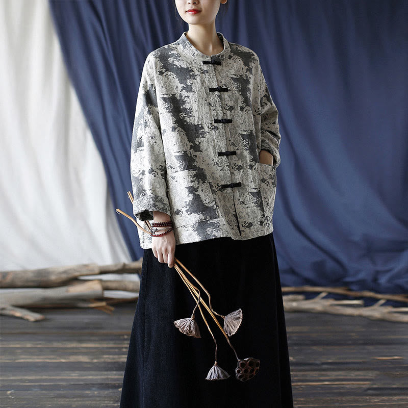 Black Gray Print Frog-button Design Long Sleeve Cotton Linen Jacket Shirt With Pockets