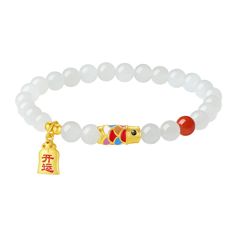 925 Sterling Silver Koi Fish Red Agate & Hetian White Jade Beaded Bracelet