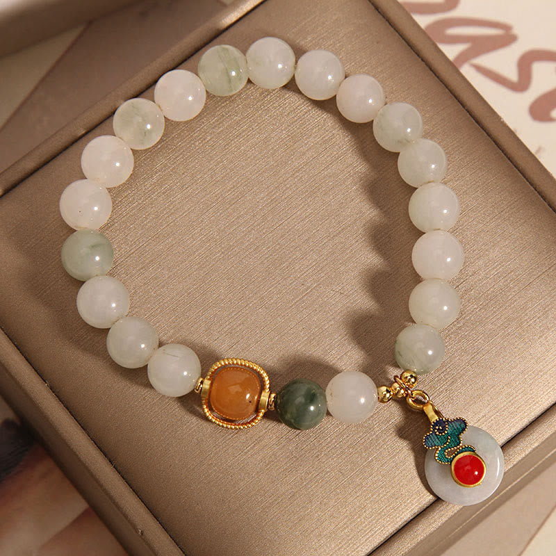 Jade and Red Agate Beaded Bracelet with Citrine and Auspicious Clouds Motif