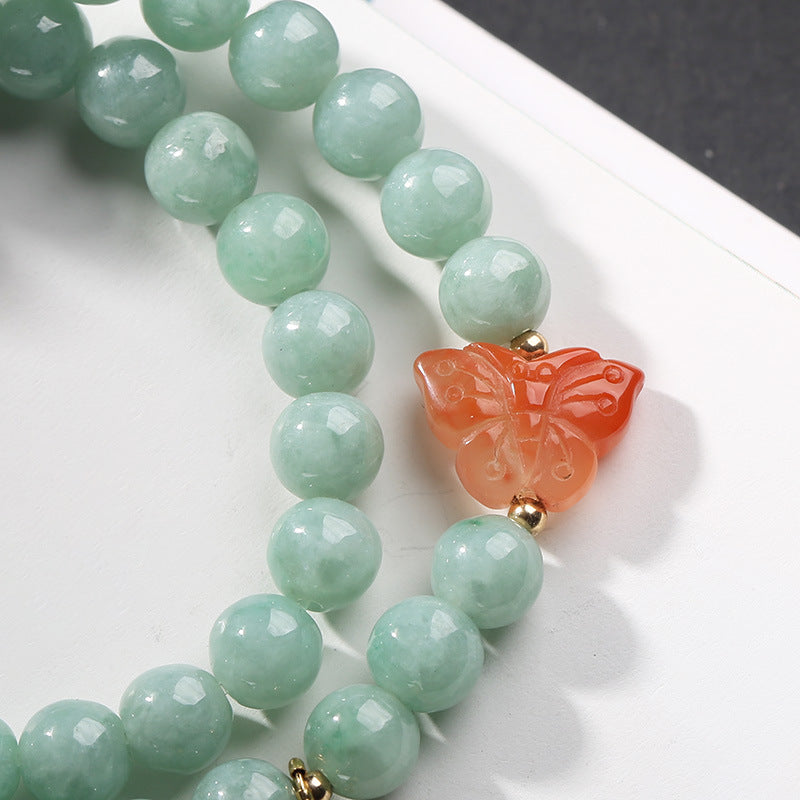 Sterling Silver & Gold Butterfly Bracelet with Natural Jade, Amber and Red Agate