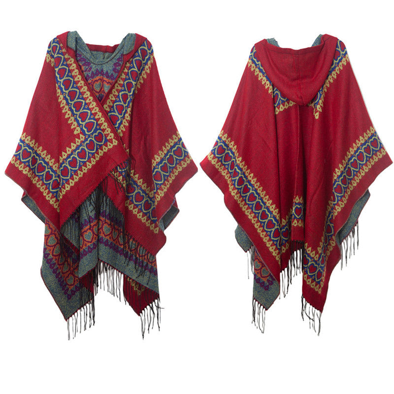 Tibetan Shawl Red Love Heart Tassel Hooded Cloak Winter Cozy Travel Scarf Wrap
