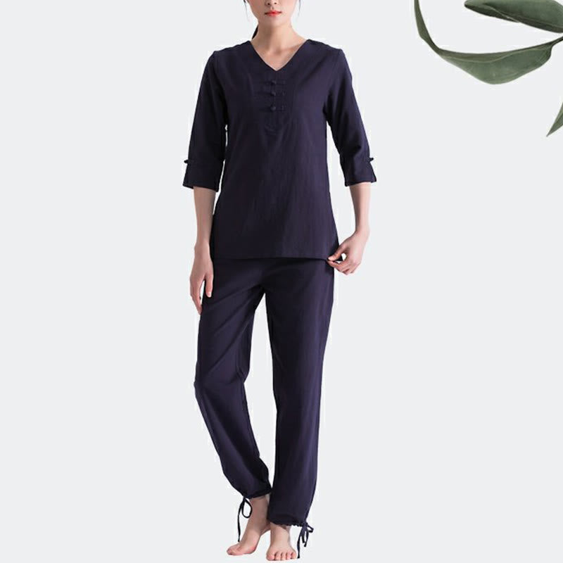 Yoga Meditation Prayer V-neck Design Cotton Linen Clothing Uniform Zen Practice Women's Set
