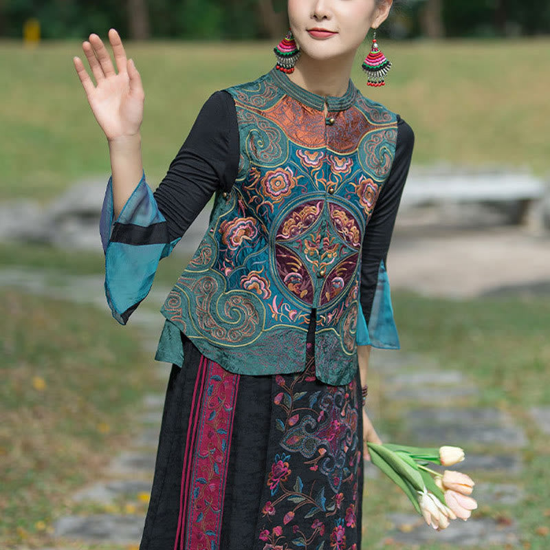 Vintage Style Embroidery Flower Tang Suit Design Sleeveless Vest