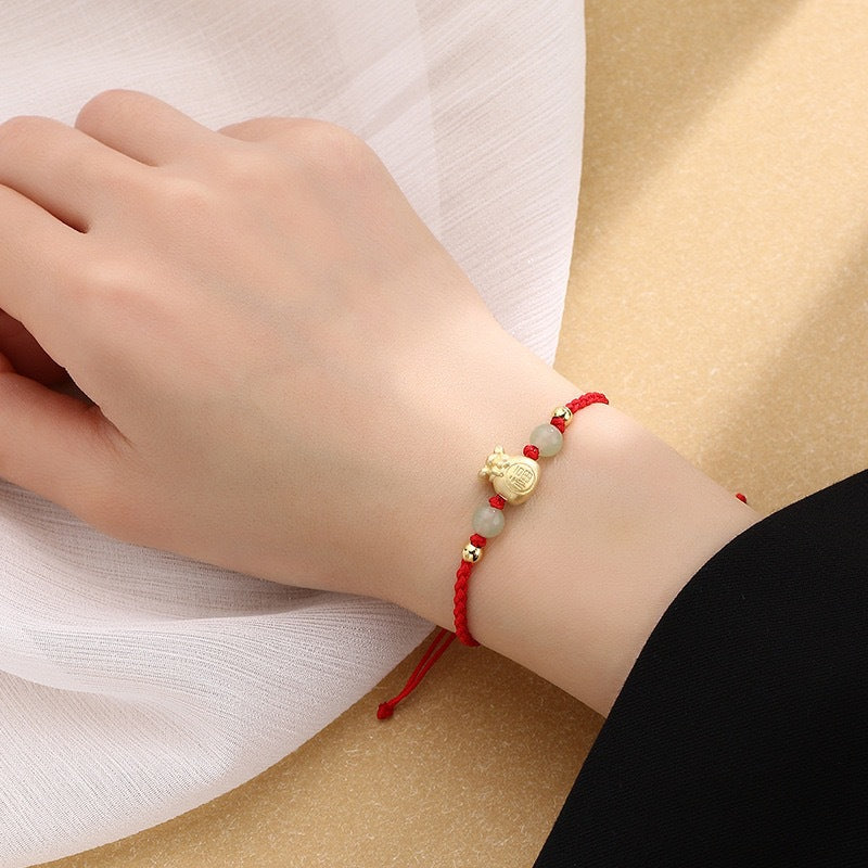 Braided Jade Wealth Bag and Fu Character Red String Bracelet