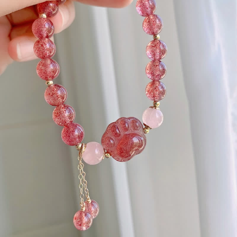 Handmade Rose & Strawberry Quartz Crystal Cat Paw Beaded Bracelet