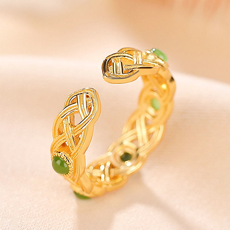 925 Sterling Silver Plated Gold Cyan Jade Braided Design Success Luck Adjustable Ring