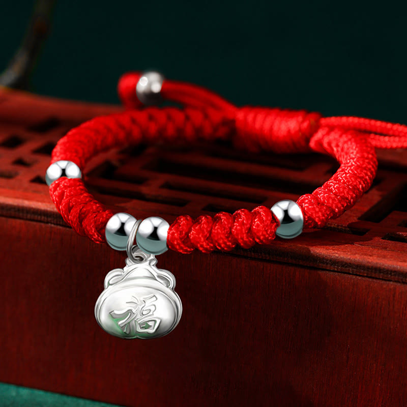 925 Sterling Silver Handmade Fu Character Lucky Money Bag Chinese Lock Charm Bell Lotus Copper Coin King Kong Knot Braided Kids Bracelet