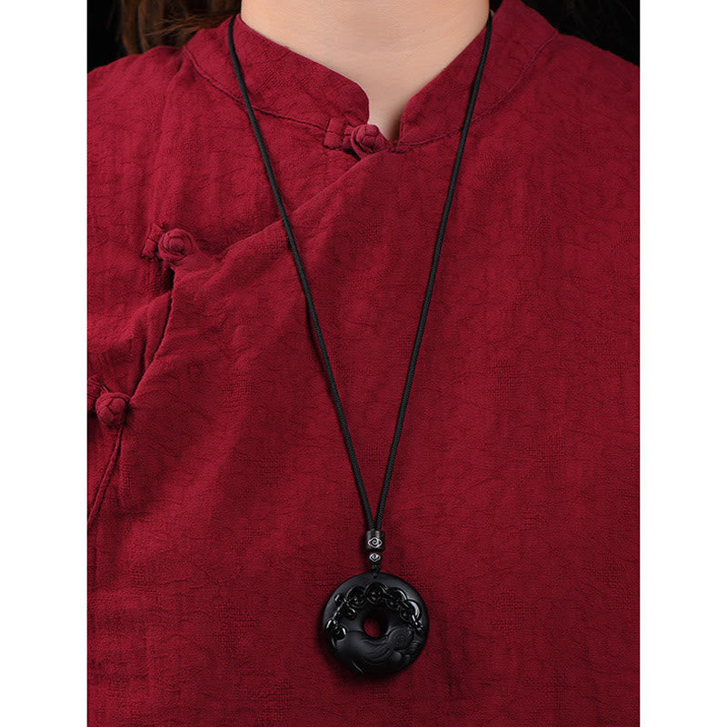 Chinese Zodiac Natural Black Obsidian Peace Buckle Strength Necklace Pendant