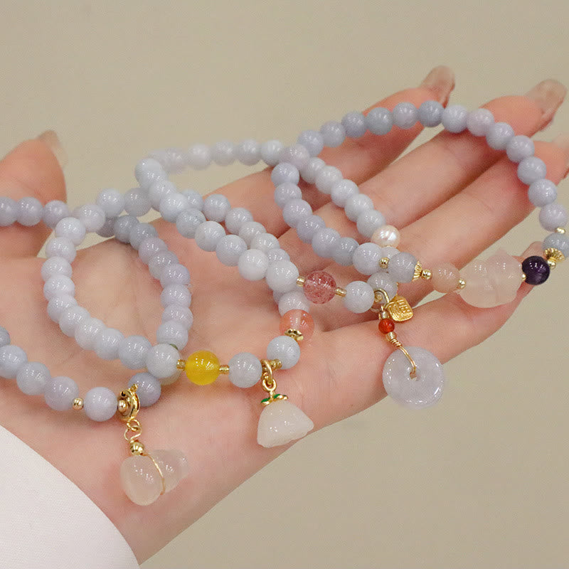 Natural Aquamarine & Chalcedony Beaded Charm Bracelet with Pearl & Symbolic Accents