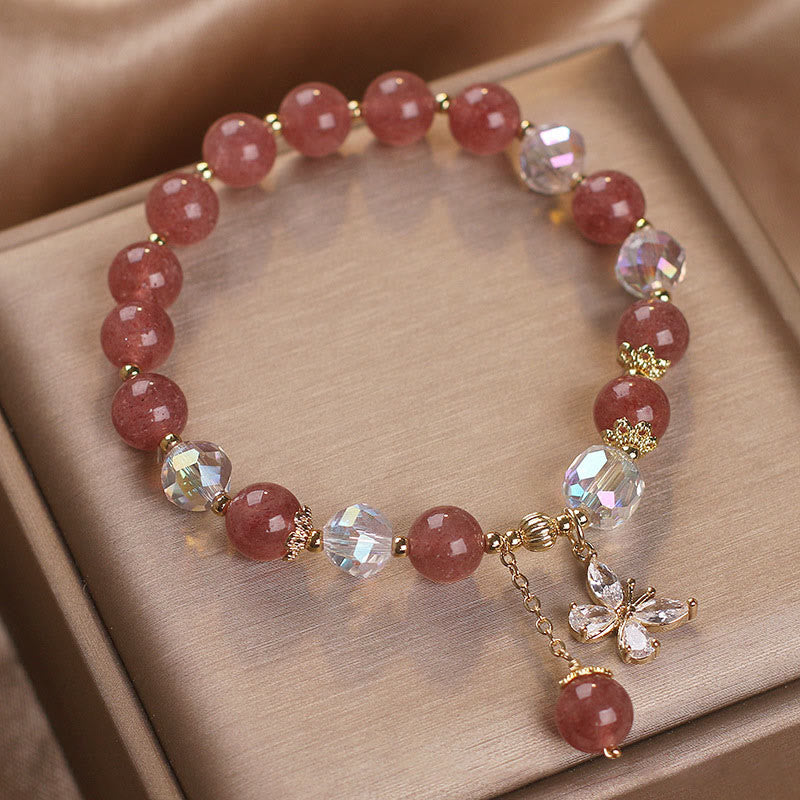Natural Strawberry Quartz Love Healing Butterfly Charm Bracelet
