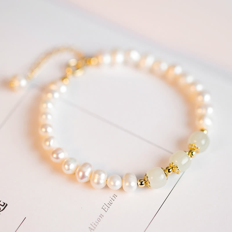 14K Gold Plated Natural Pearl & Hetian Jade Sincerity Bead Chain Bracelet