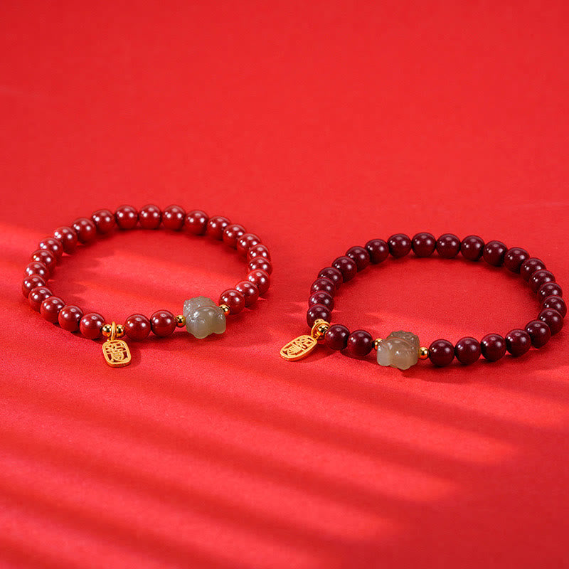 925 Sterling Silver Year of the Dragon Natural Cinnabar Hetian Jade Dragon Fu Character Ruyi As One Wishes Charm Blessing Bracelet