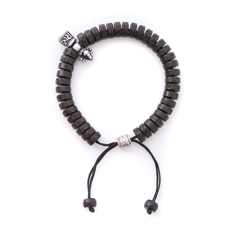 Carved Coconut Shell & Copper Om Mani Padme Hum Ritual Bell Vajra String Bracelet