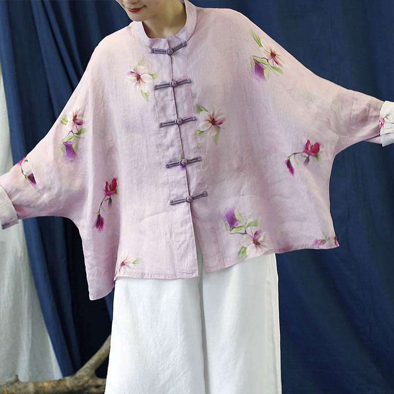 Pink Flower Print Frog-button Design Batwing Long Sleeve Ramie Linen Jacket Shirt