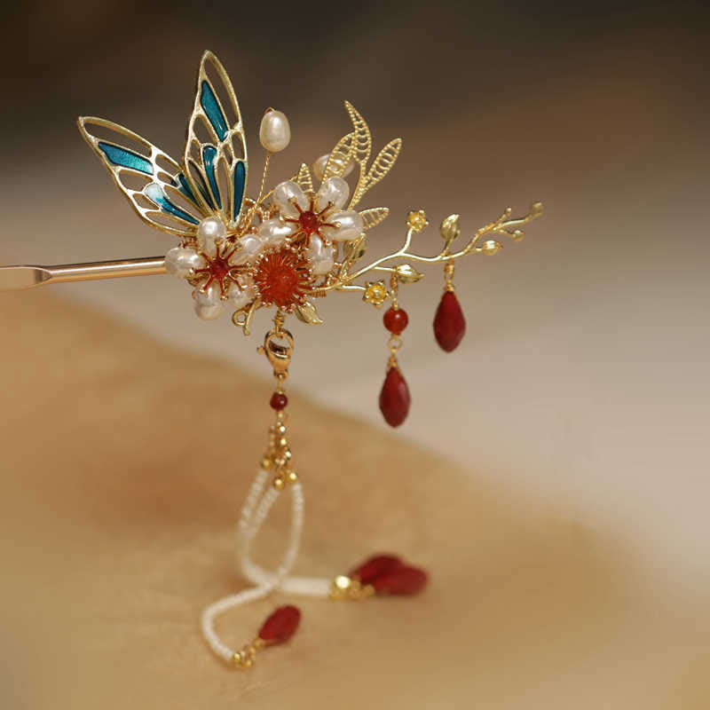 Classical Chinese Style Flower Branche Butterfly Pearl Tassel Hair Clip Hair Comb Hair Crown
