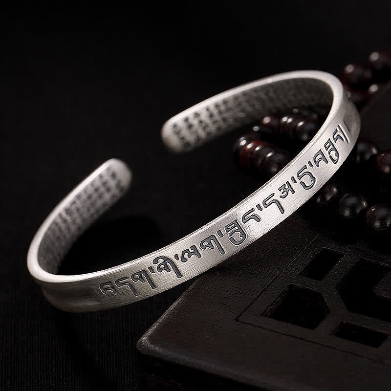 999 Sterling Silver Six True Words Heart Sutra Protection Bracelet Bangle