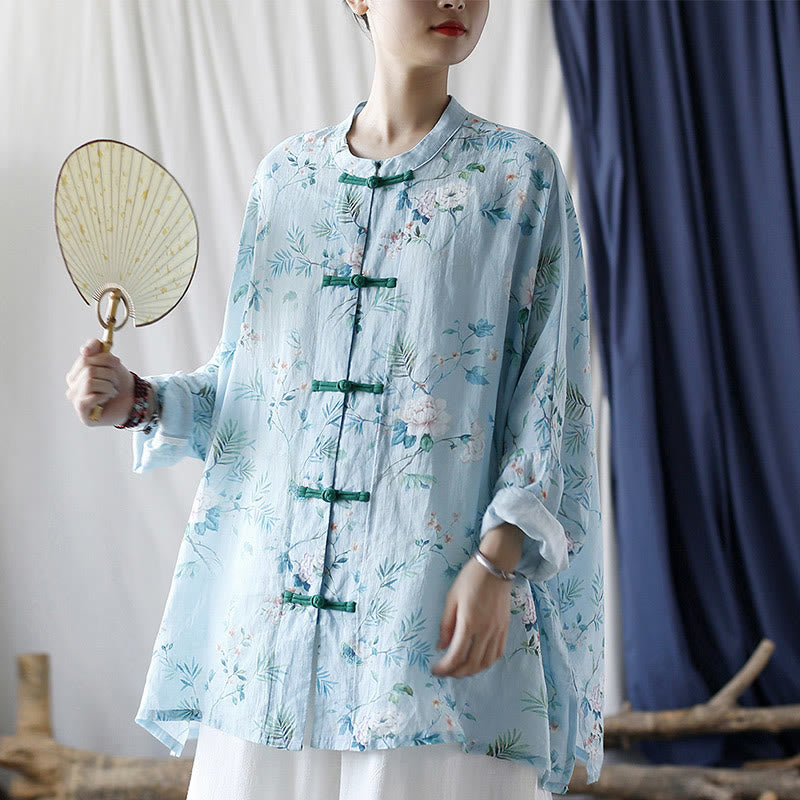 Light Green Pink Flowers Green Leaves Frog-Button Long Sleeve Ramie Linen Jacket Shirt
