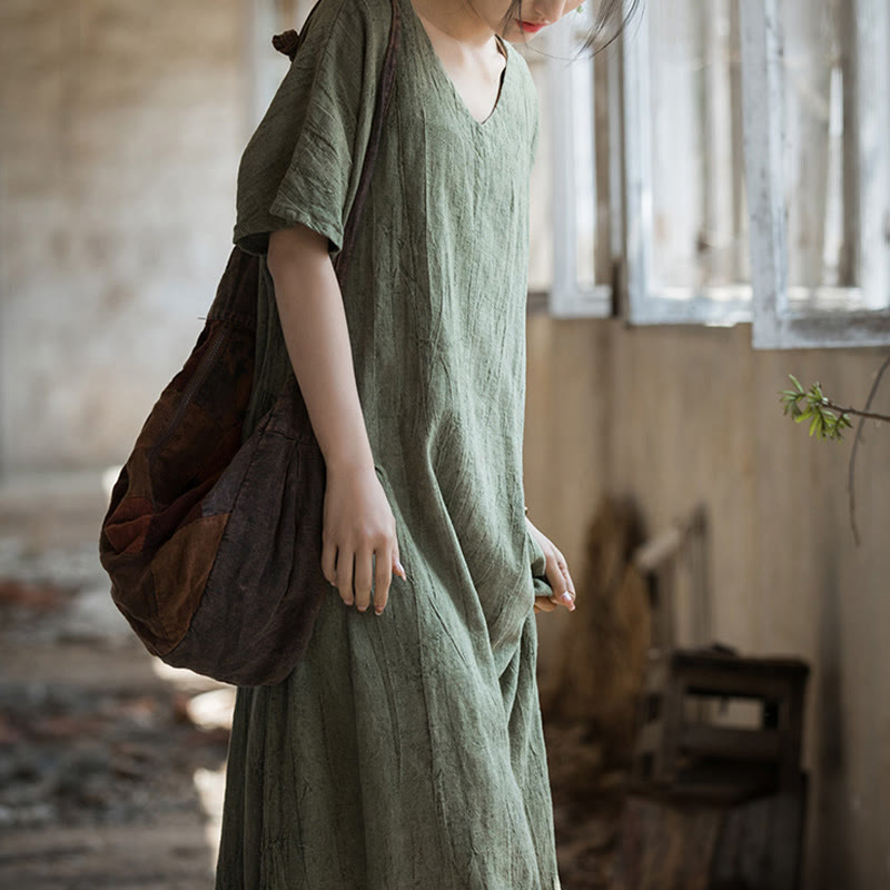 Handmade Tie Dye V-Neck Midi Dress Linen Short Sleeve Dress