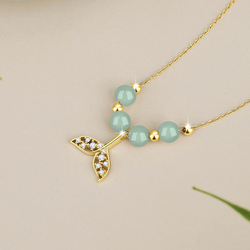 925 Sterling Silver Hetian Jade Bead Fishtail Luck Necklace Pendant