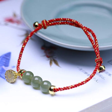 Handmade Natural Jade Lotus Seed Woven Red String Adjustable Bracelet