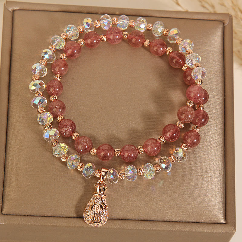 Strawberry Quartz and Clear Quartz Wealth Bag Copper Charm Bracelet for Women