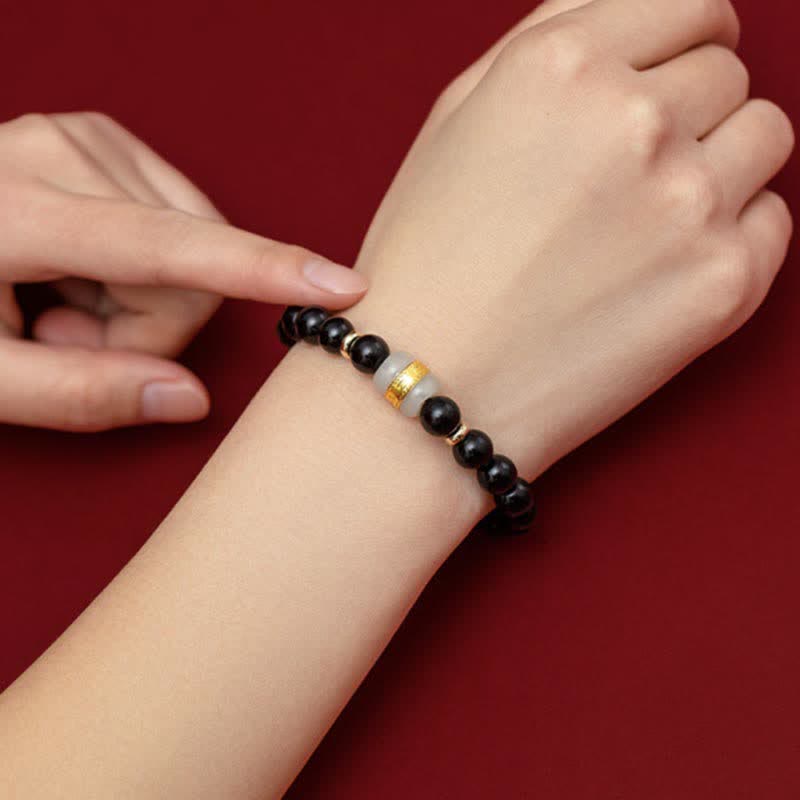 Magnetic Black Obsidian and Jade Om Mani Padme Hum Mantra Gold Plated Couple Bracelet