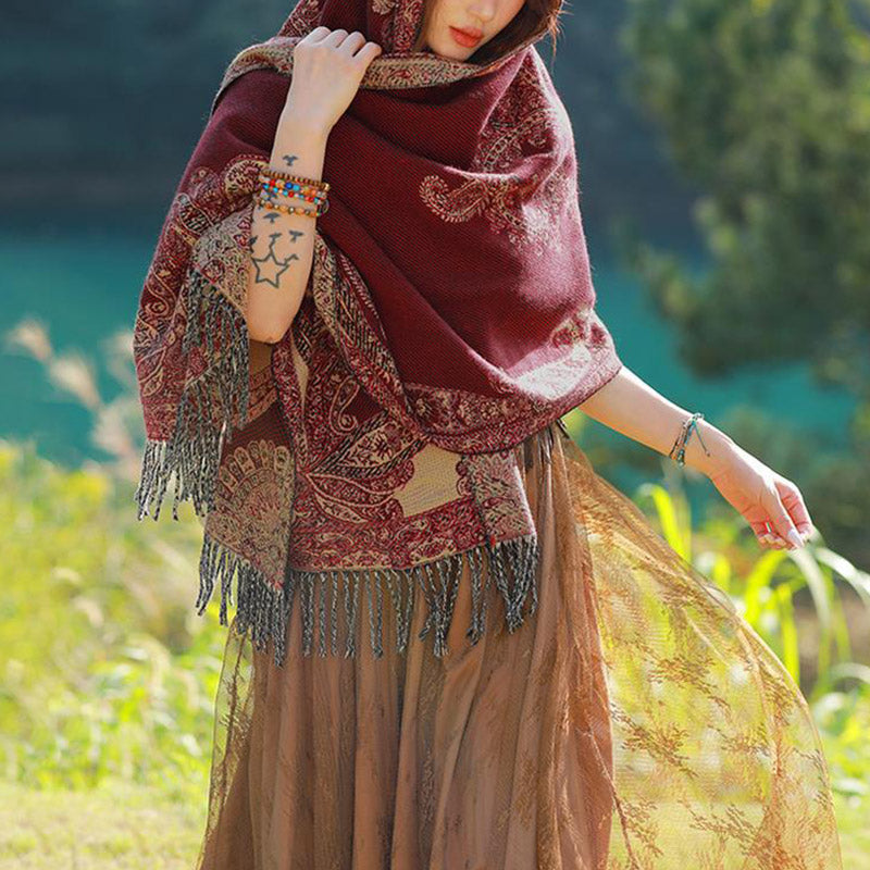 Tibetan Vine Leaves Pattern Design Shawl Cozy Travel Scarf Wrap