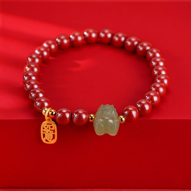 925 Sterling Silver Year of the Dragon Natural Cinnabar Hetian Jade Dragon Fu Character Ruyi As One Wishes Charm Blessing Bracelet