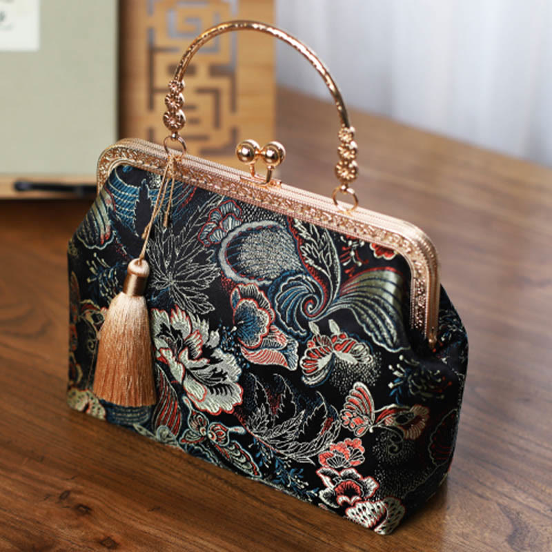 Vintage Flower Butterfly Crane Sea Waves Metal Chain Crossbody Bag Shoulder Bag Handbag