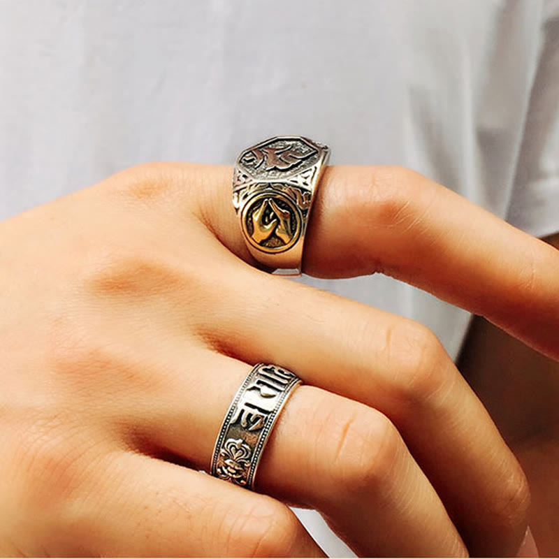 925 Sterling Silver Sanskrit Design Carved Protection Adjustable Ring