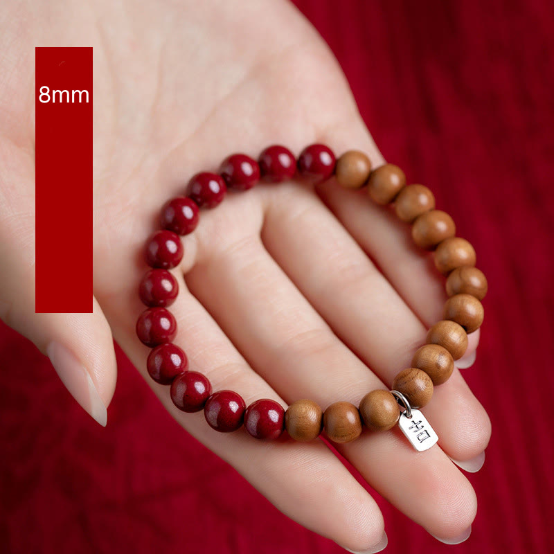 Handmade 925 Sterling Silver Peach Wood and Cinnabar Beaded Stretch Bracelet