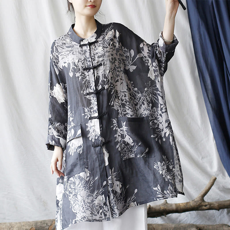Ramie Linen Floral Stand-Collar Mindful Layering Jacket Shirt