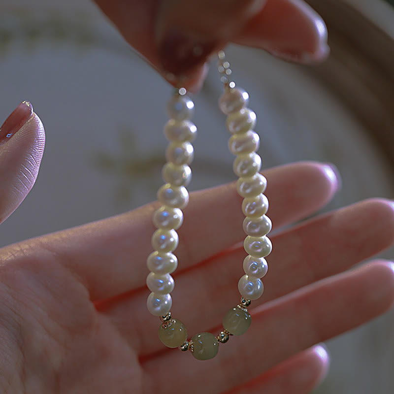 14K Gold Plated Natural Pearl & Hetian Jade Sincerity Bead Chain Bracelet