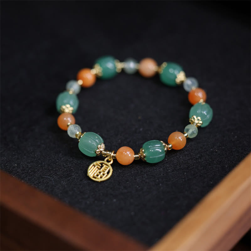 Natural Golden Silk Jade and Prehnite Carved Pumpkin Bead Fu Charm Bracelet