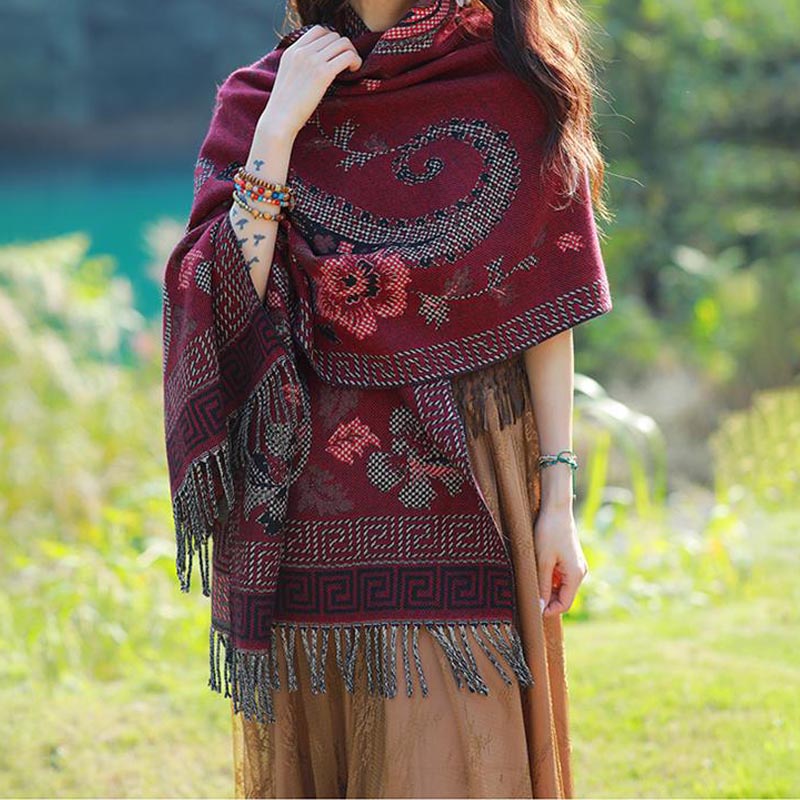Tibetan Flowers Leaves Pattern Design Shawl Cozy Travel Scarf Wrap