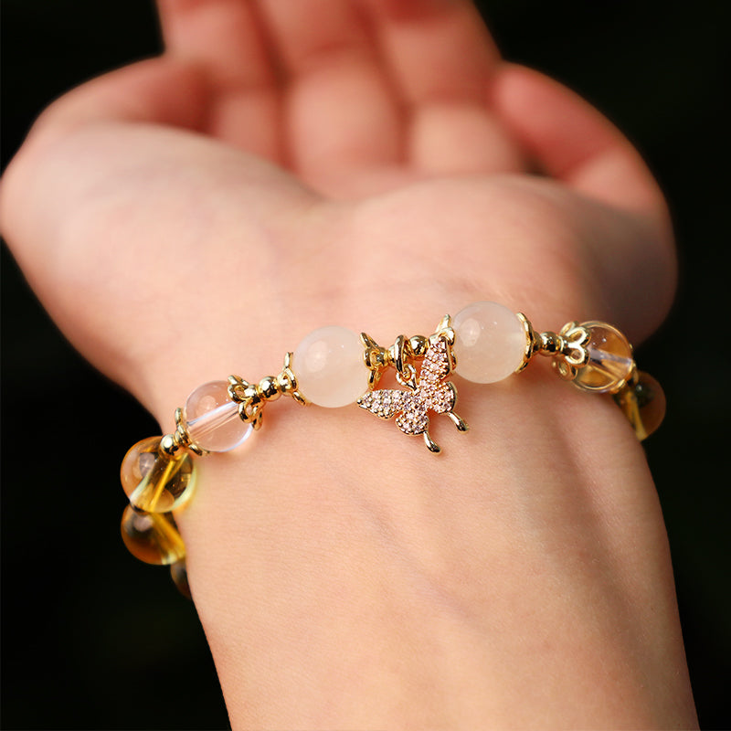 Citrine Moonstone & Clear Quartz Butterfly Charm Beaded Bracelet