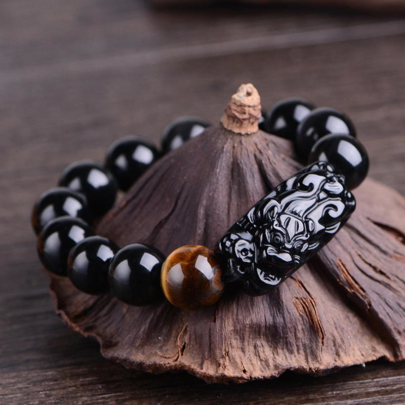 Natural Black Obsidian and Tiger Eye Pixiu Beaded Energy Bracelet