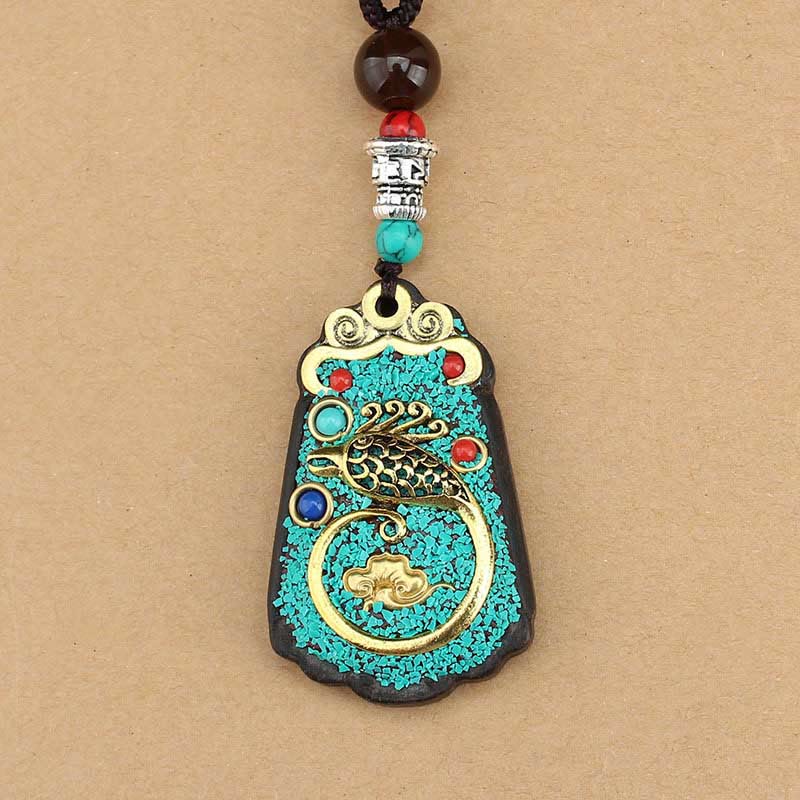 Tibet God Of Wealth Money Tree Golden Phoenix Thangka Ebony Peace Necklace Pendant