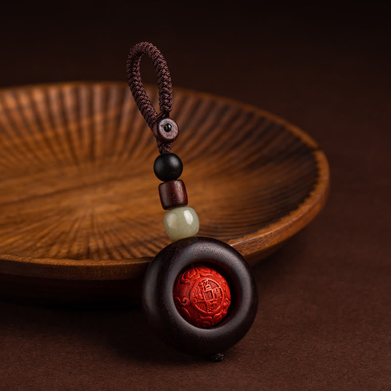Red Sandalwood & Jade Cinnabar Keychain with Om Mani Padme Hum, Pixiu, or Copper Coin