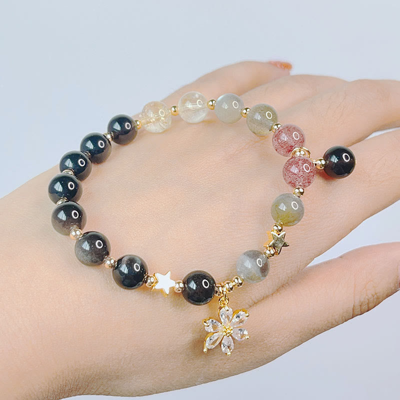 Natural Silver Sheen Obsidian Love Heart Star Flower Protection Bracelet