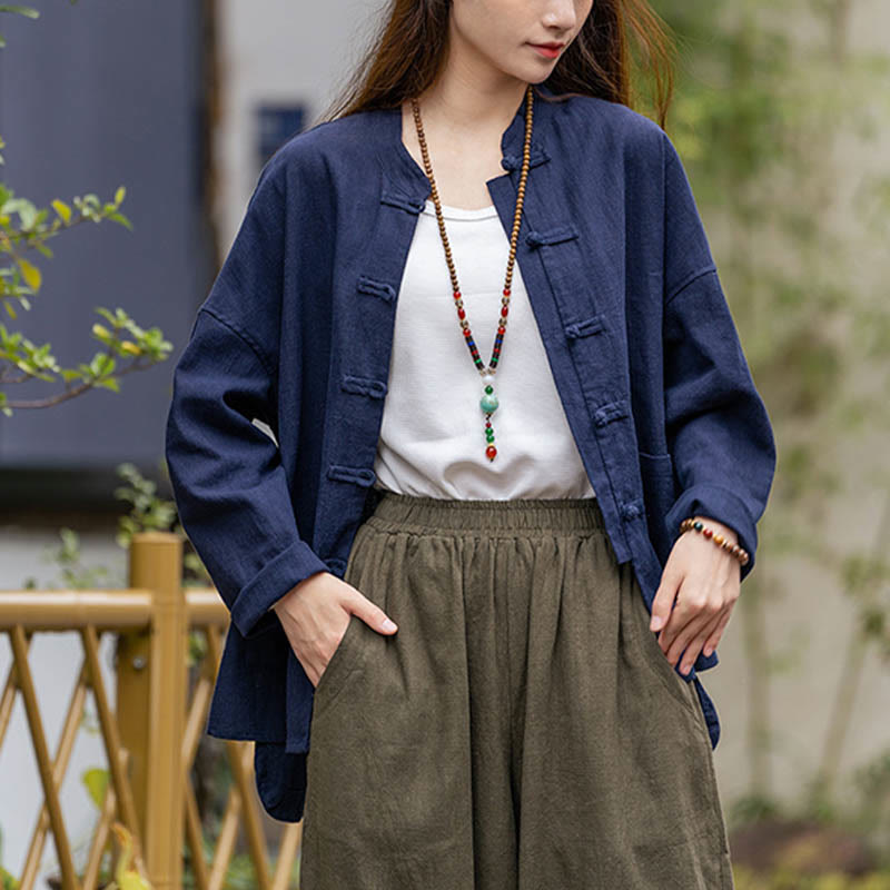 Frog-Button Design Shirt Tai Chi Meditation Top Clothing Ramie Linen Jacket