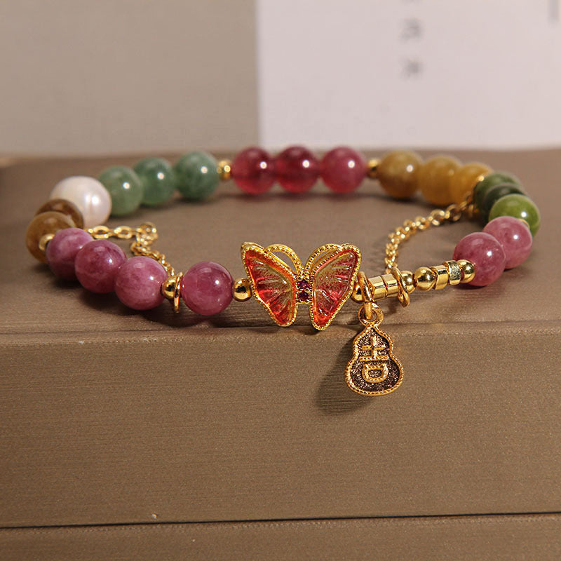 Natural Colorful Tourmaline Butterfly Auspicious Character Gourd Charm Positive Bracelet