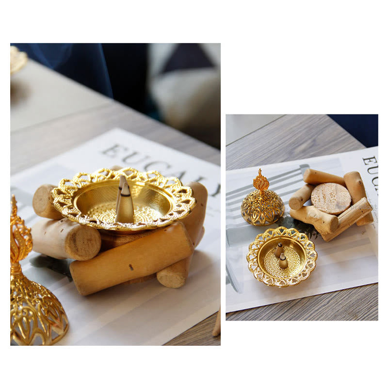 Mini Gold Alloy Buddha Incense Burner with Protective Wooden Coaster
